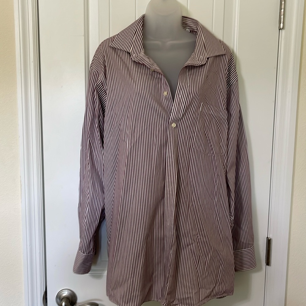 Joseph Abboud Maroon and White Cotton Striped Button Down. Size 17 32/33.